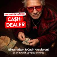 Cash Dealer mit roter Sonnenbrille und Geldscheinen in der Hand