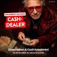 Cash Dealer mit roter Sonnenbrille und Geldscheinen in der Hand
