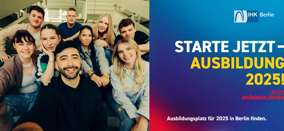 Gruppe junger Leute, daneben steht "Starte jetzt - Ausbildung 2025"