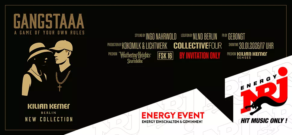 Schwarzes Plakat, darauf Silhouetten einer Frau und eines Mannes, darüber goldene Schrift