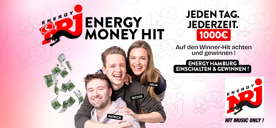 Grafik mit einem Foto von Patrick, Richie und Julia von ENERGY am Morgen, darüber steht "ENERGY MONEY HIT"