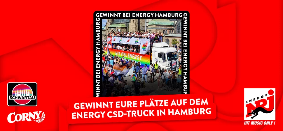 Rote Grafik mit einem kleinen Foto eines CSD Trucks
