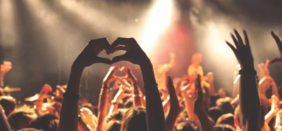 Festival Stockphoto Eine Person formt mit den Händen ein Herz in Richtung Bühne