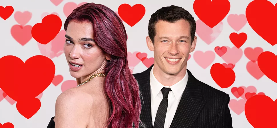 Fotomontage: Dua Lipa & Callum Turner vor Herzchen-Hintergrund