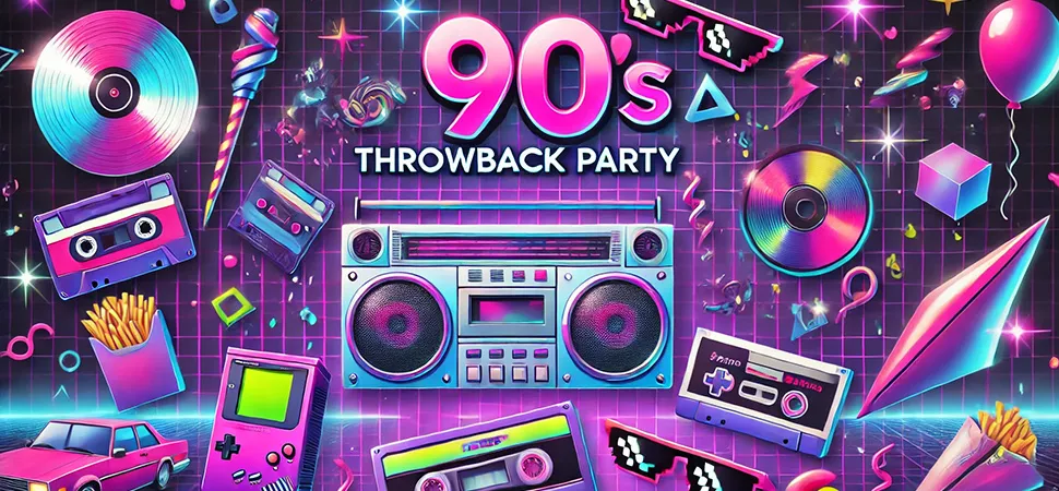 90er Party Kassettenrekorder, Gameboy, Vinyl und CDs mit Partyelementen.