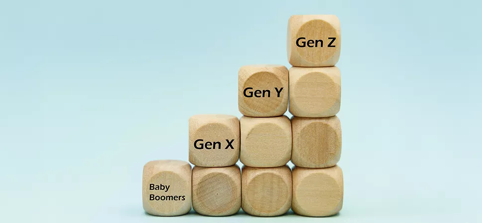 Generationen Würfel übereinander mit den verschiedenen Generationen beschriftet