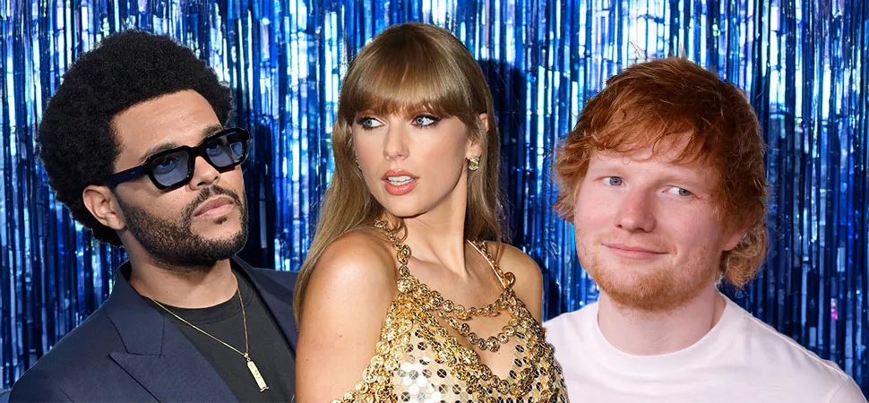 Fotomontage: The Weeknd, Taylor Swift und Ed Sheeran vor einem blauen Lametta-Glitzer-Hintergrund