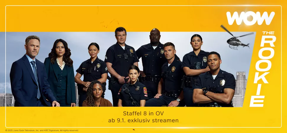 Gruppenbild des Casts von "The Rookie" auf gelbem Hintergrung