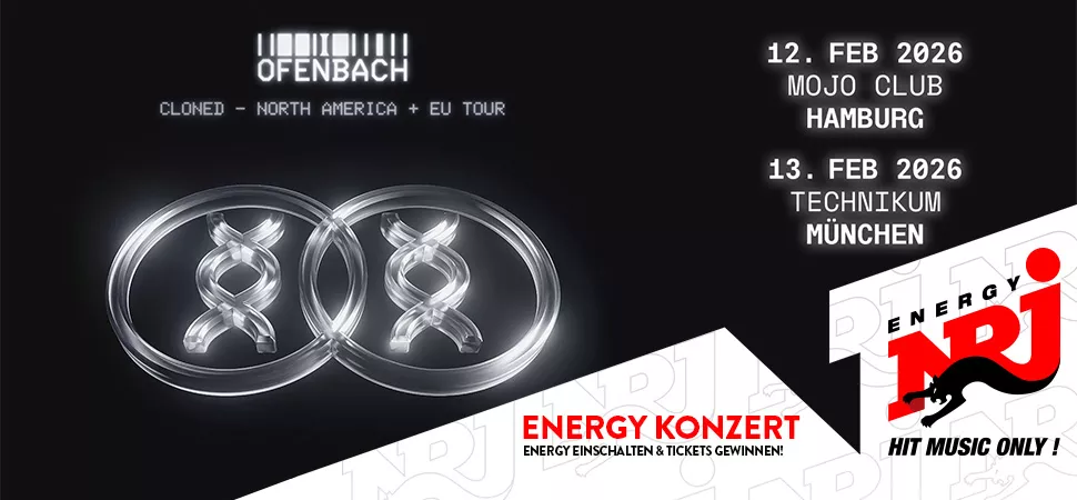 Tourplakat von Ofenbach: zwei DNA Symbole vor schwarzem Hintergrund. Darauf die Konzertdaten und ENERGY Logo