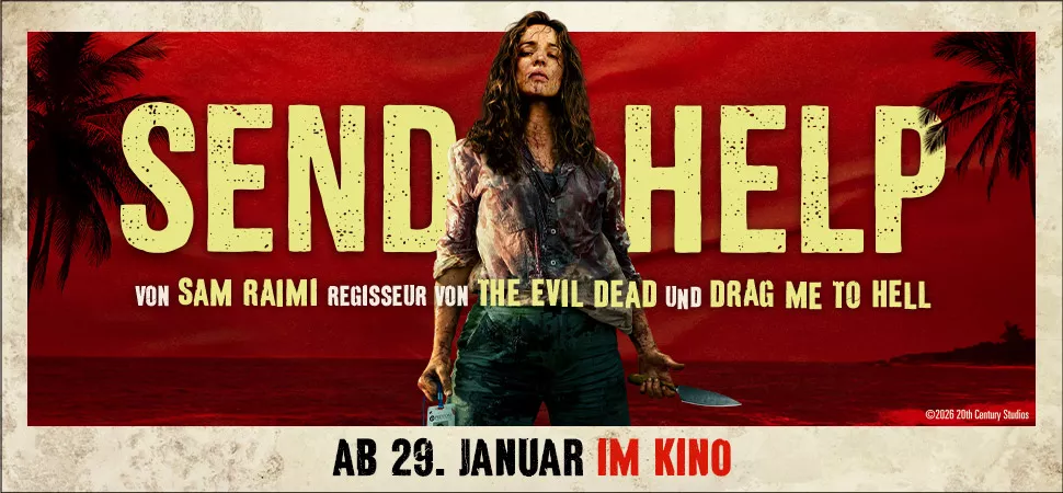 Filmplakat von "Send Help" mit einer blutverschmierten Frau mit Messer in der Hand vor rotem Hintergrund mit Palmen