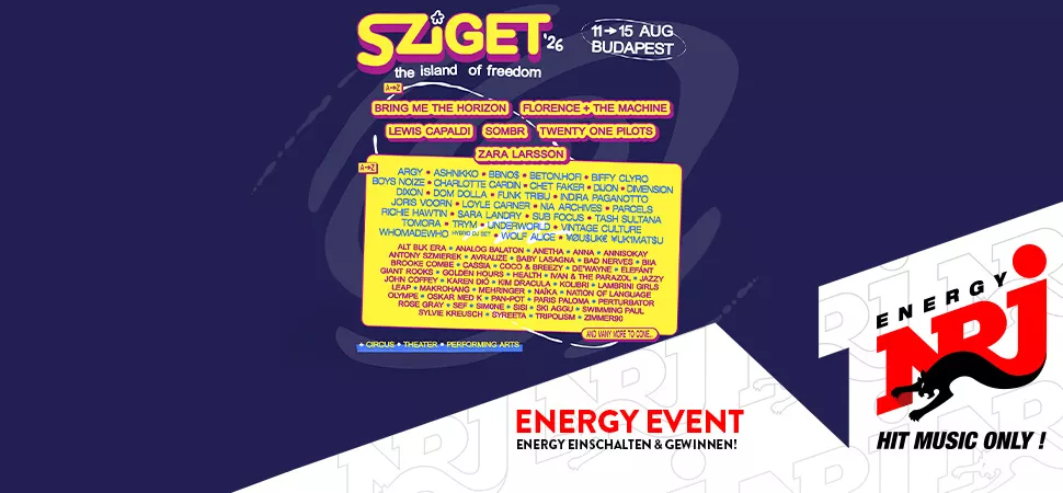 Bunte Line Up Grafik des Sziget Festivals 2026, daneben das ENERGY Logo