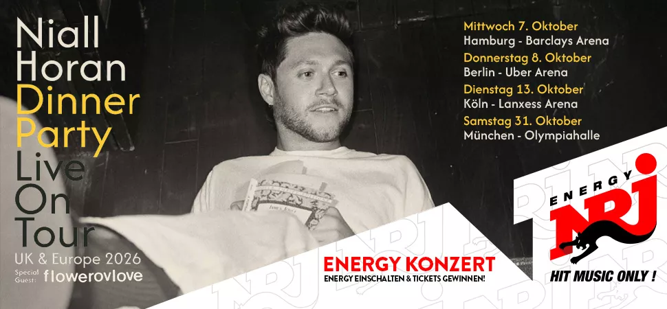 Schwarz weiß Foto eines Mannes darüber Text "Niall Horan Dinner Party Live on Tour" 