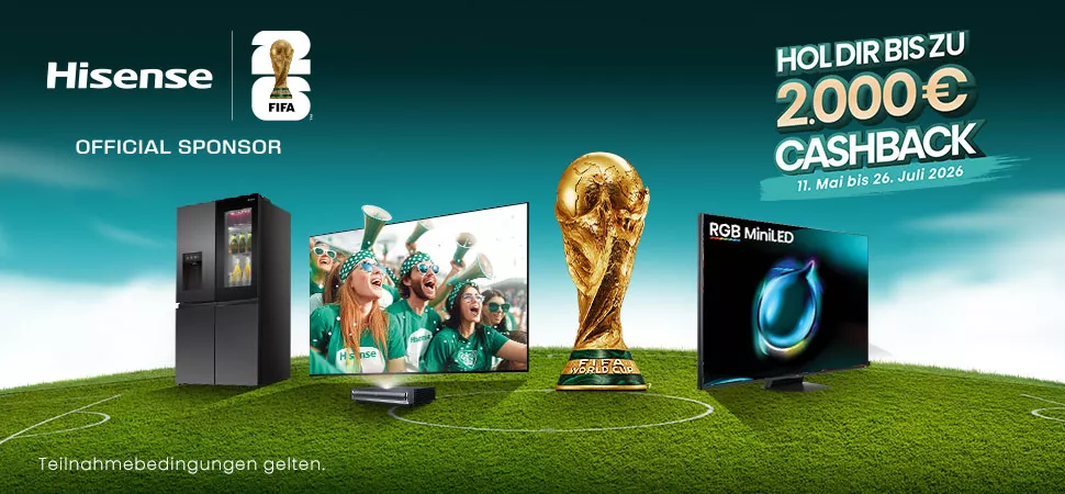 Grafik mit Produktfotos: Ein Kühlschrank, zwei Fernseher und der WM Pokal