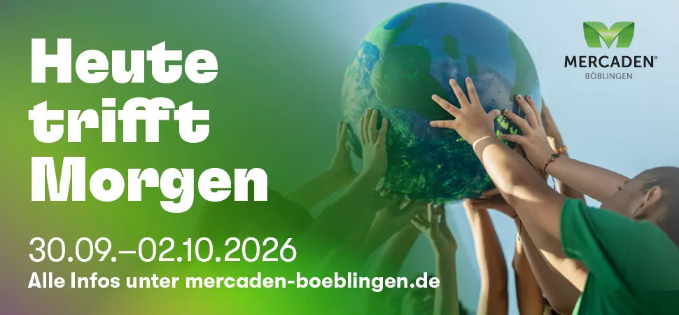 Schriftzug "Heute trifft Morgen", daneben Hände, die einen Globus halten
