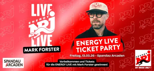 Rote Grafik mit weißem Text und einem Foto von Mark Forster