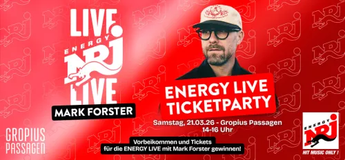 Mann mit Brille und Cap macht Werbung für die ENERGY LIVE Ticketparty