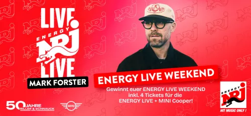 Ein Bild von Mann mit Cap & Brille, der das ENERGY LIVE WEEKEND bewirbt