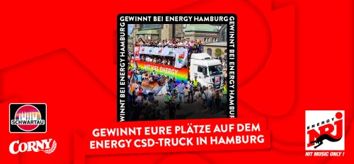 Rote Grafik mit einem kleinen Foto eines CSD Trucks