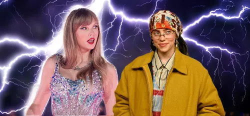 Fotomontage: Taylor Swift und Billie Eilish, im Hintergrund Blitze