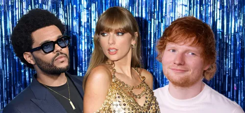 Fotomontage: The Weeknd, Taylor Swift und Ed Sheeran vor einem blauen Lametta-Glitzer-Hintergrund