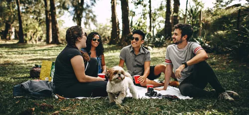 Gruppe Freunde mit Hund auf einer Picknickdecke 