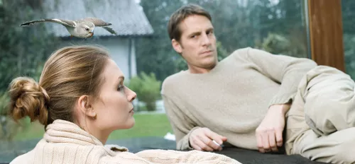 Beziehungstest zur "Bird Theory" Eine Frau und ein Mann sitzen auf einer Couch und ein Vogel fliegt im Hintergrund.