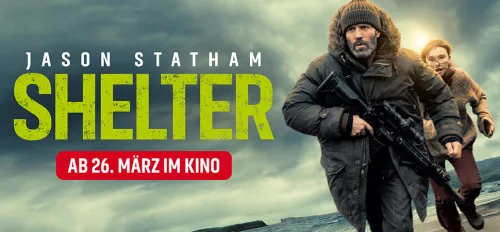 Jason Statham in dem Film "SHELTER" auf einem Filmplakat zur Bewerbung
