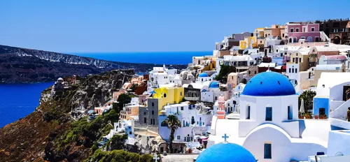 Postkartenansicht von Santorini