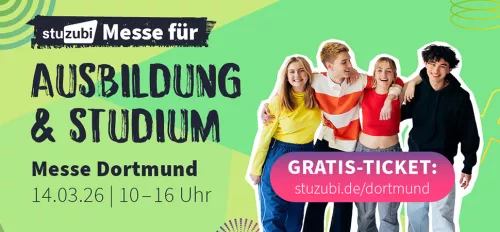 Vier Jugendlich vor grünem Hintergrund. Darüber Text "stuzubi Messe für Ausbildung und Studium"