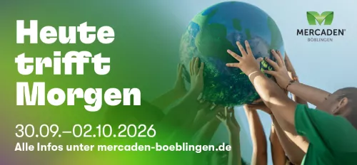 Schriftzug "Heute trifft Morgen", daneben Hände, die einen Globus halten