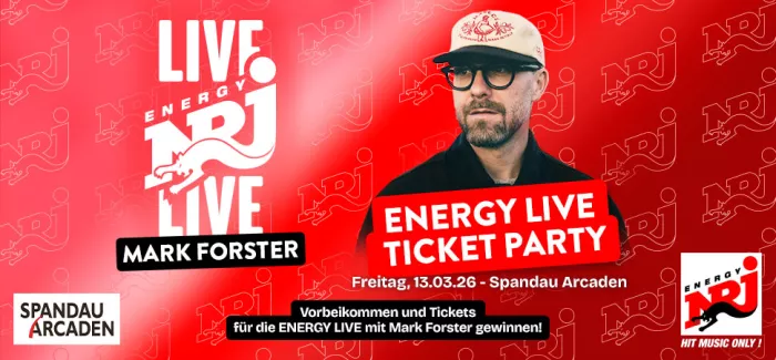 Rote Grafik mit weißem Text und einem Foto von Mark Forster