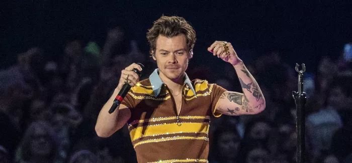 Harry Styles in einem gestreiften Oberteil und Mikro in der Hand auf der Bühne