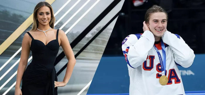 Tate McRae posiert bei einer Premiere. Jack Hughes grinst bei den Olympischen Winterspielen 2026.