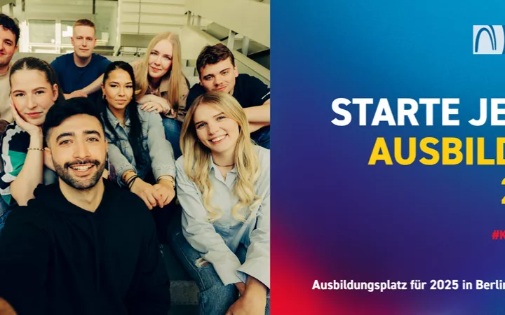 IHK Berlin - Jetzt #könnenlernen Ausbildungskampagne 2025 Gruppe junger Leute, daneben steht "Starte jetzt - Ausbildung 2025"