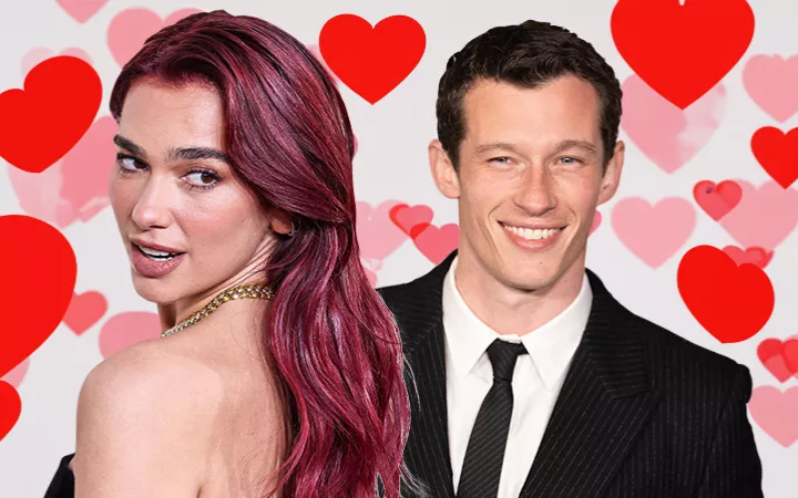 Fotomontage: Dua Lipa & Callum Turner vor Herzchen-Hintergrund