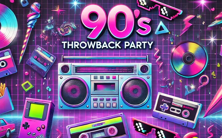 90er Party Kassettenrekorder, Gameboy, Vinyl und CDs mit Partyelementen.