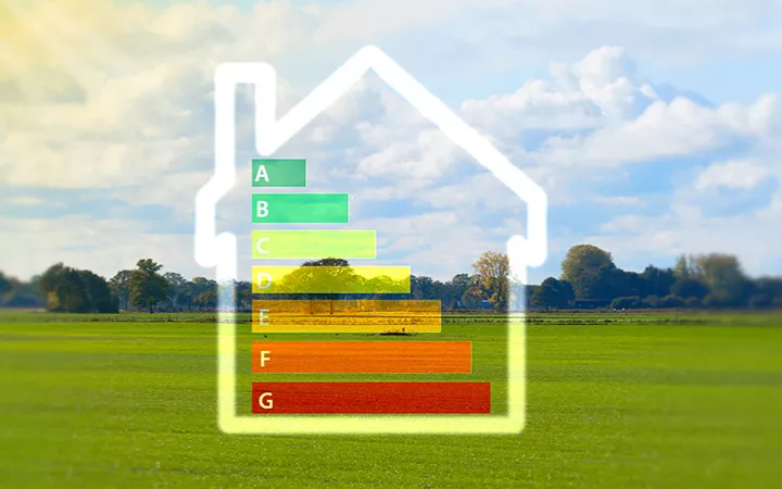 Eine Grafik mit einem transparenten Haus mit Energieeffizienz-Balken vor einer Wiese