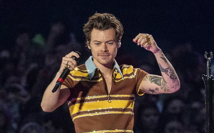 Harry Styles in einem gestreiften Oberteil und Mikro in der Hand auf der Bühne
