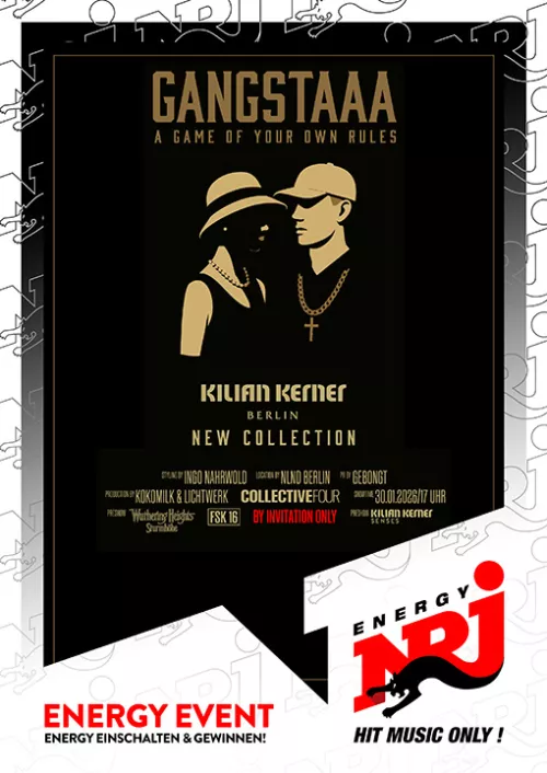 Schwarzes Plakat, darauf Silhouetten einer Frau und eines Mannes, darüber goldene Schrift