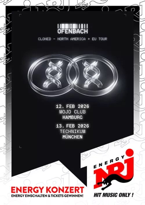 Tourplakat von Ofenbach: zwei DNA Symbole vor schwarzem Hintergrund. Darauf die Konzertdaten und ENERGY Logo