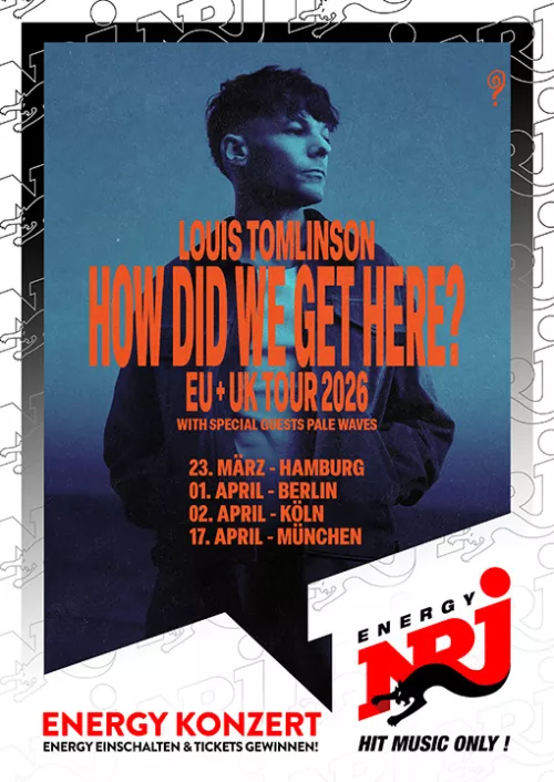Konzertplakat mit einem Foto von Louis Tomlinson mit orangener Schrift