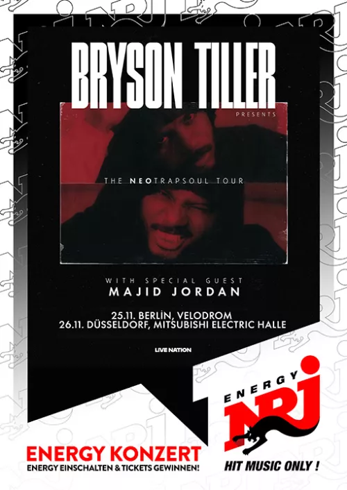 Schwarz rote dunkle Grafik, die die Tour von Bryson Tiller bewirbt