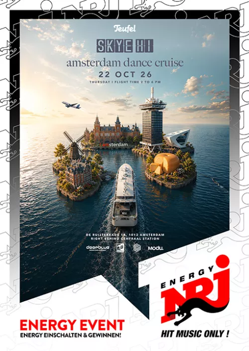 Grafik mit einem Boot das durch Amsterdam fährt