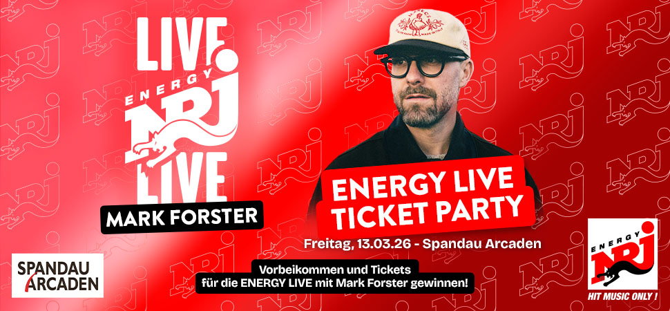 Rote Grafik mit weißem Text und einem Foto von Mark Forster