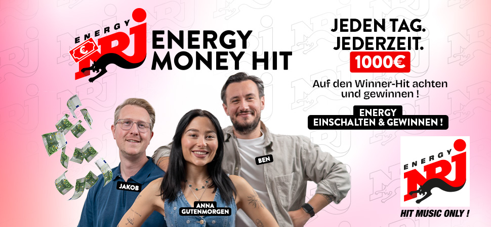 Foto von Jakob, Anna Gutenmorgen und Ben von ENERGY am Morgen, darüber steht "ENERGY MONEY HIT"